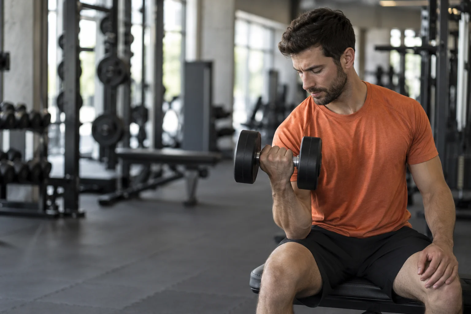 Hombre entrenando con mancuernas en el gimnasio