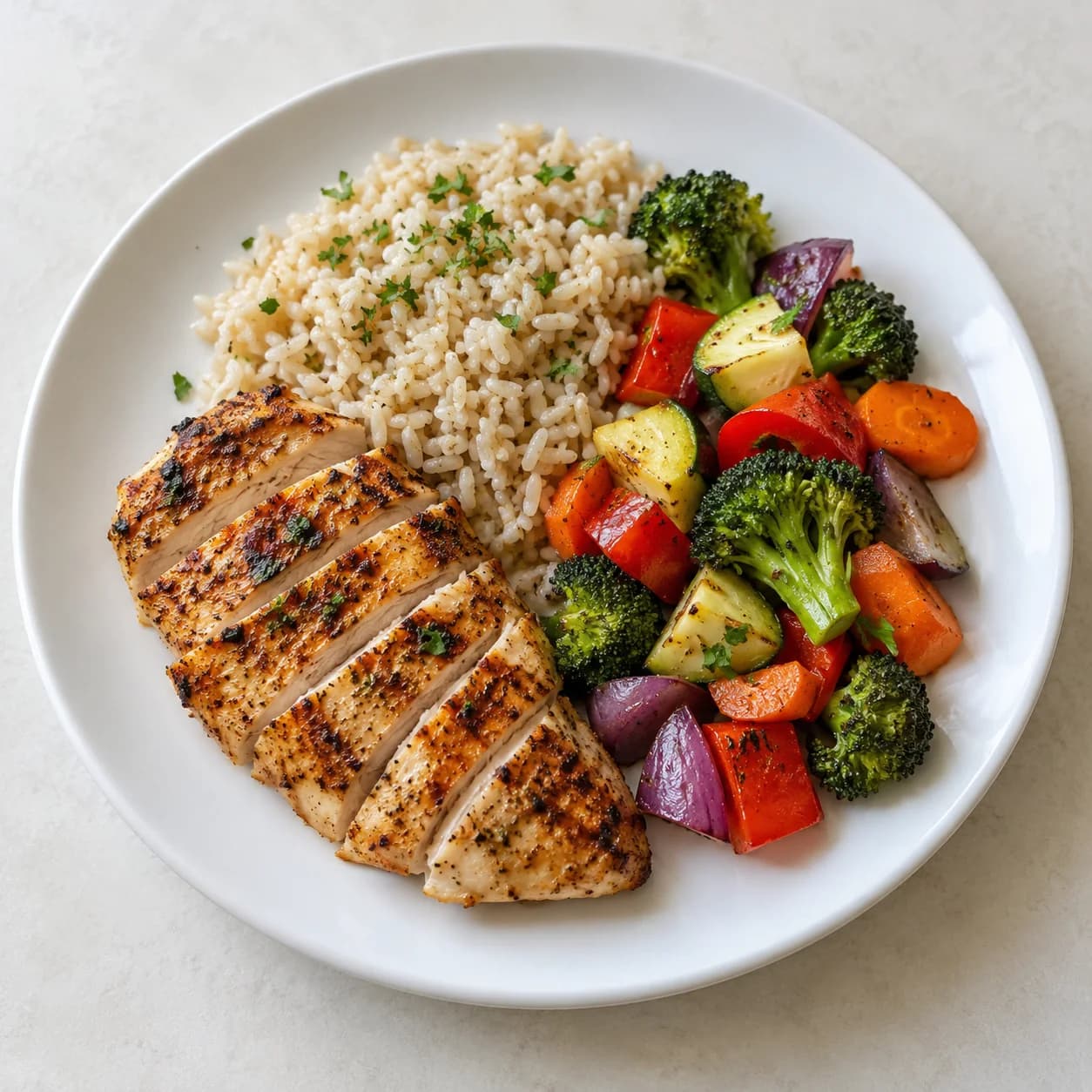 Plato de pollo, arroz y verduras dentro del registro de comida del ejemplo